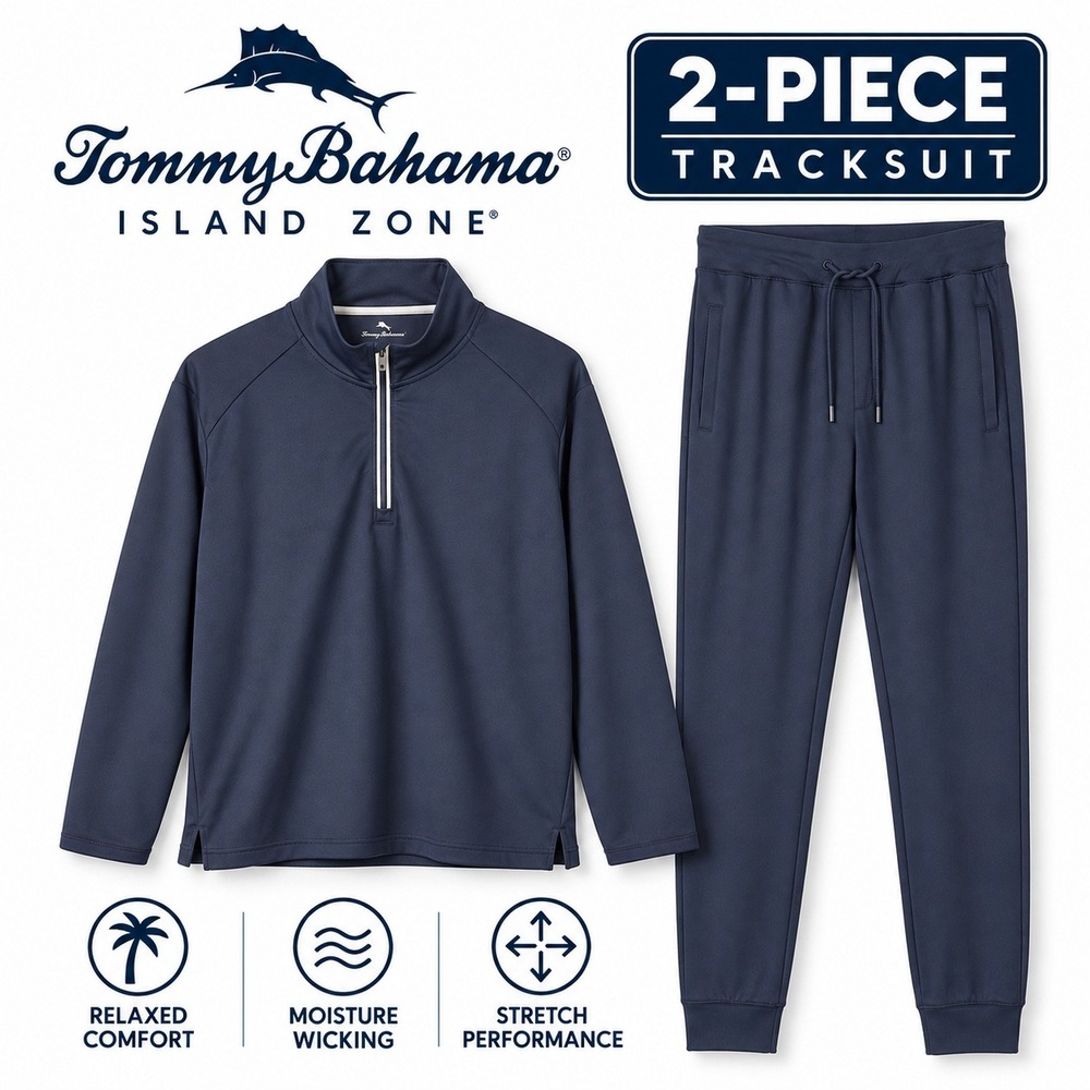 (LOT 2) Tommy Bahama 1/4 Zip Pullover & Jogger Pants Mens Medium Blue Tracksuit